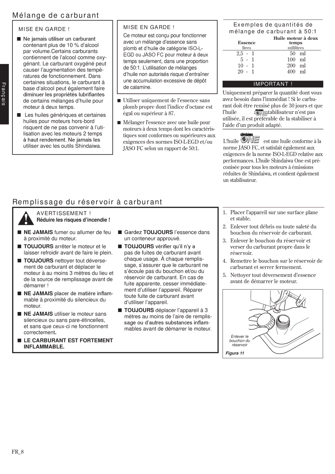 Shindaiwa EB802RT manual Mélange de carburant, Remplissage du réservoir à carburant, Réduire les risques d’incendie 