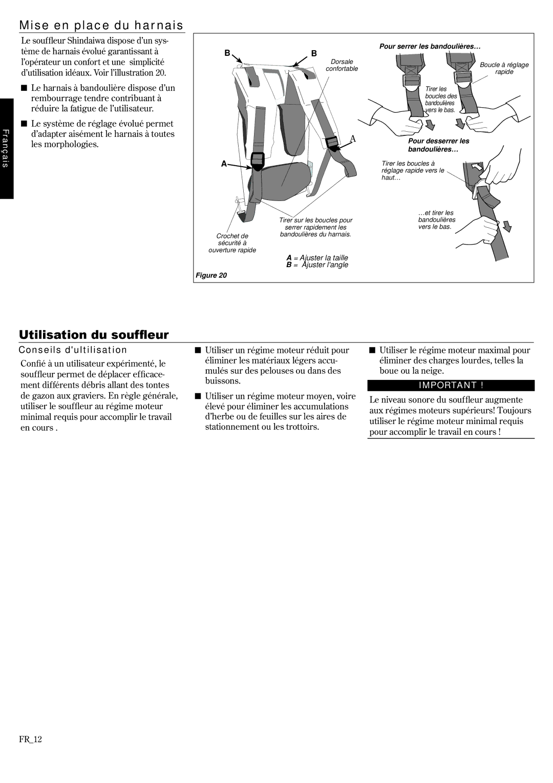 Shindaiwa EB802RT, 68242-94311 manual Mise en place du harnais, Utilisation du souffleur, Conseils dultilisation 