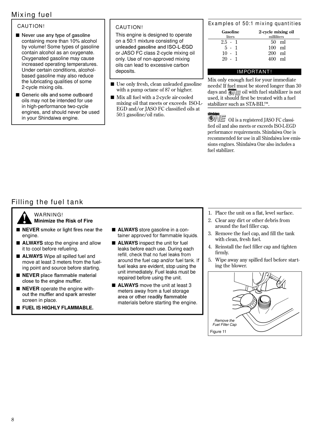 Shindaiwa 68242-94311 Mixing fuel, Filling the fuel tank, Examples of 501 mixing quantities, Fuel is Highly Flammable 