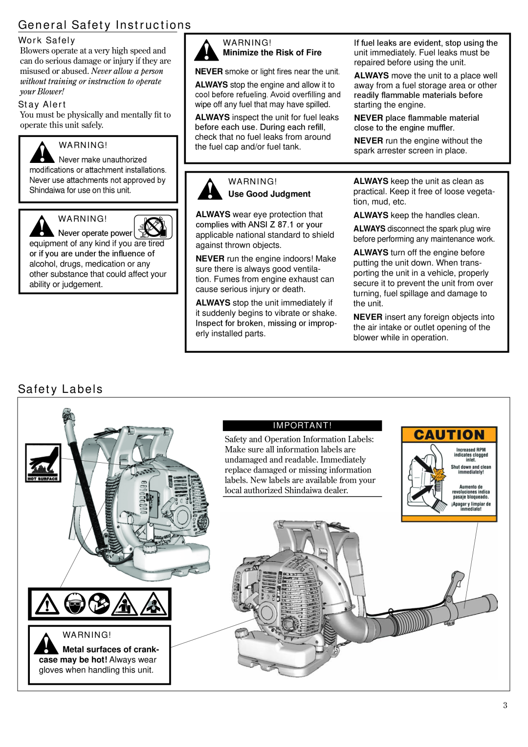 Shindaiwa EB802RT manual General Safety Instructions, Safety Labels, Work Safely, Stay Alert, Minimize the Risk of Fire 