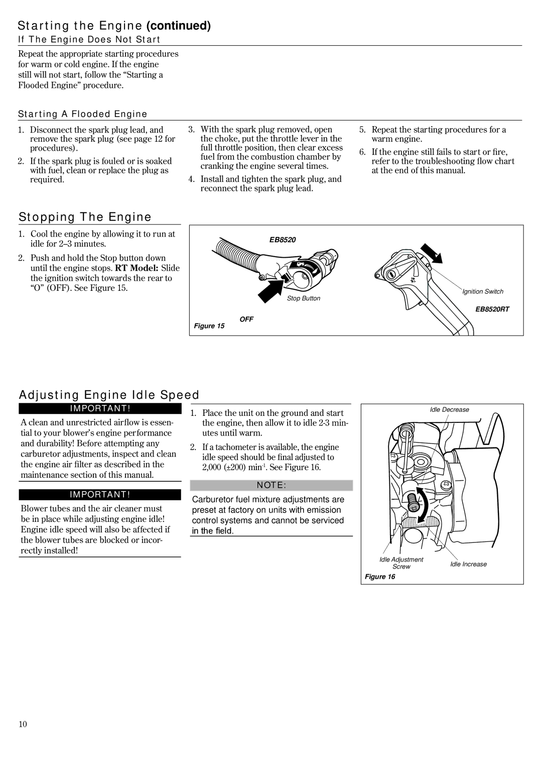 Shindaiwa EB8520RT EVC, 68915-94310 manual Stopping The Engine, Adjusting Engine Idle Speed, If The Engine Does Not Start 