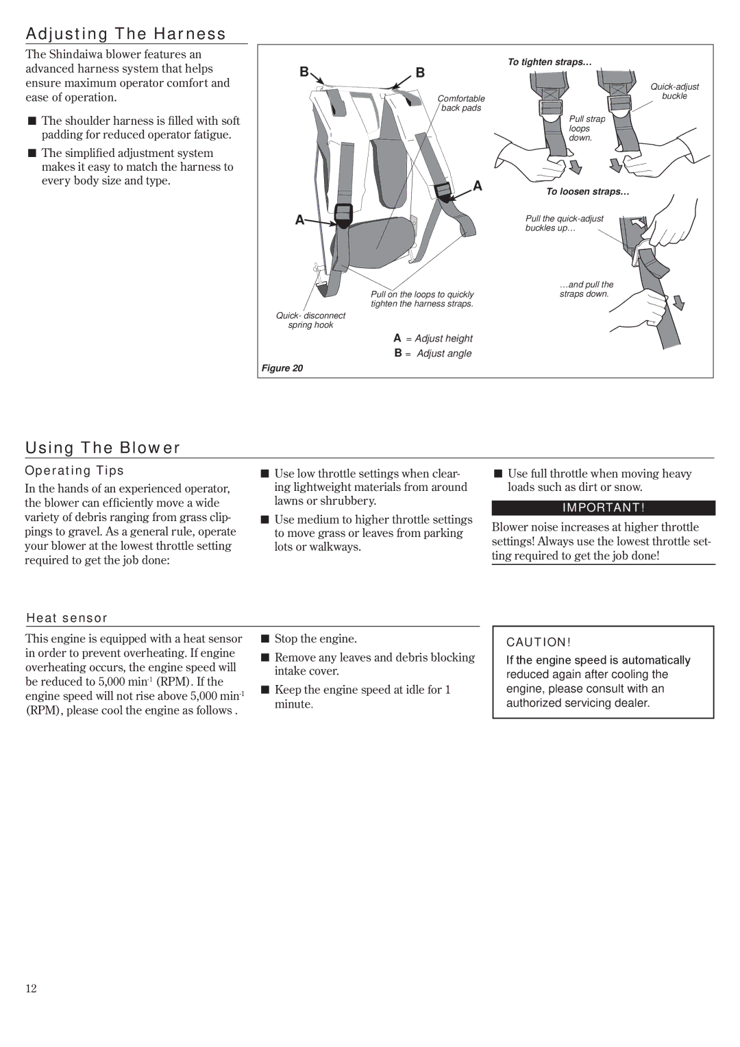 Shindaiwa EB8520RT EVC, 68915-94310 manual Adjusting The Harness, Using The Blower, Operating Tips, Heat sensor 