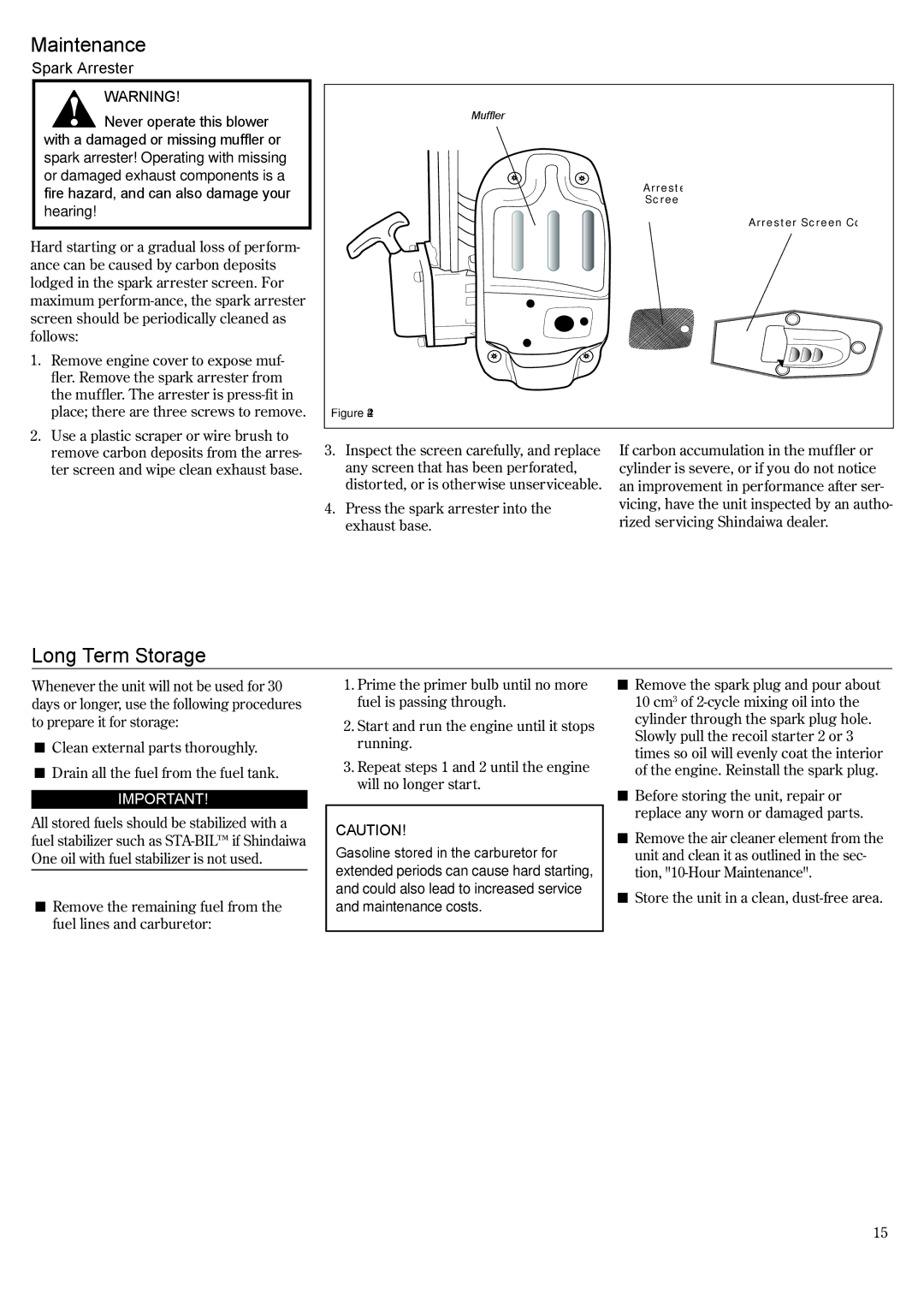 Shindaiwa EB8520RT EVC, 68915-94310 manual Long Term Storage, Spark Arrester 