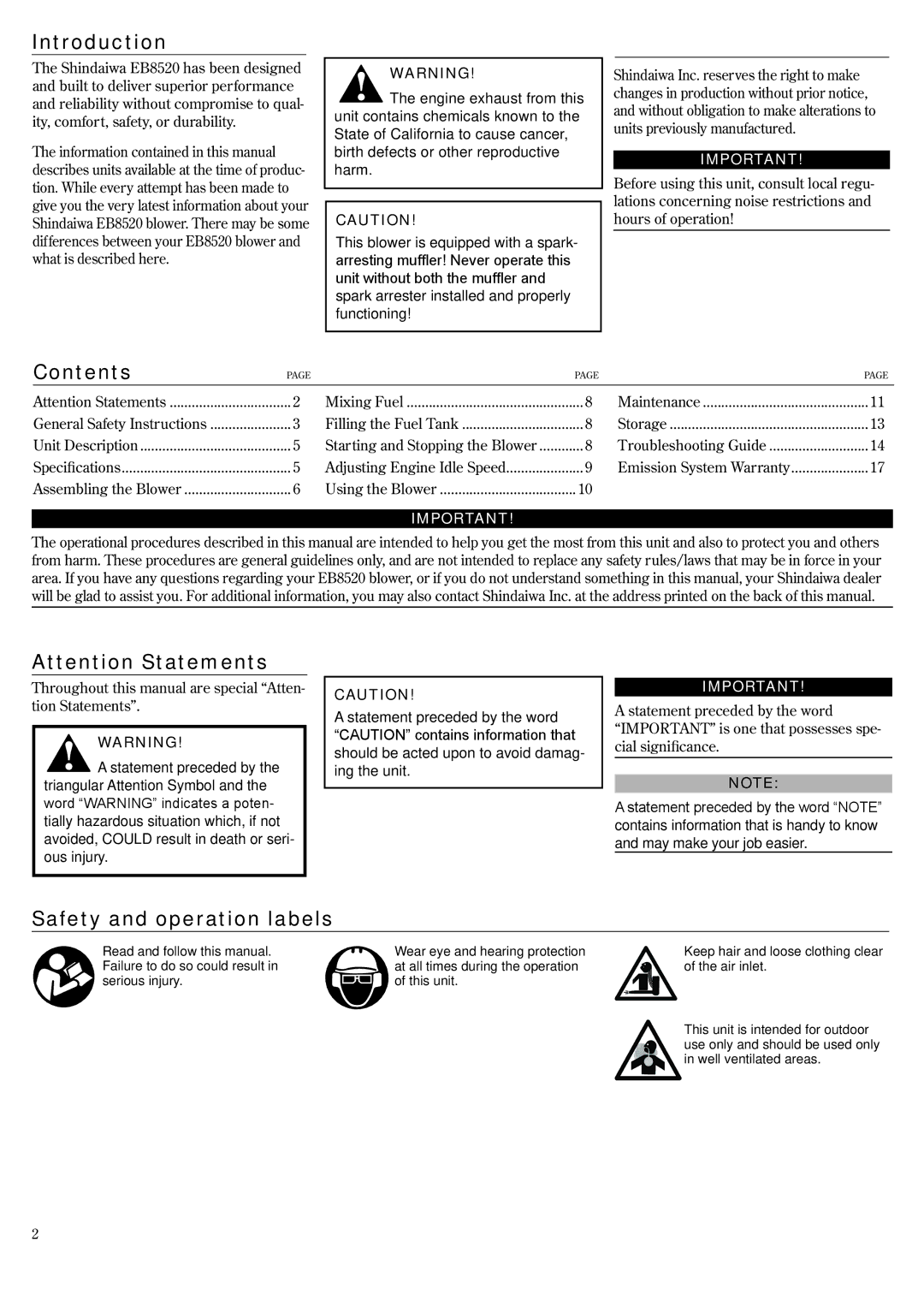 Shindaiwa 68915-94310, EB8520RT EVC manual Introduction, Contents, Safety and operation labels 