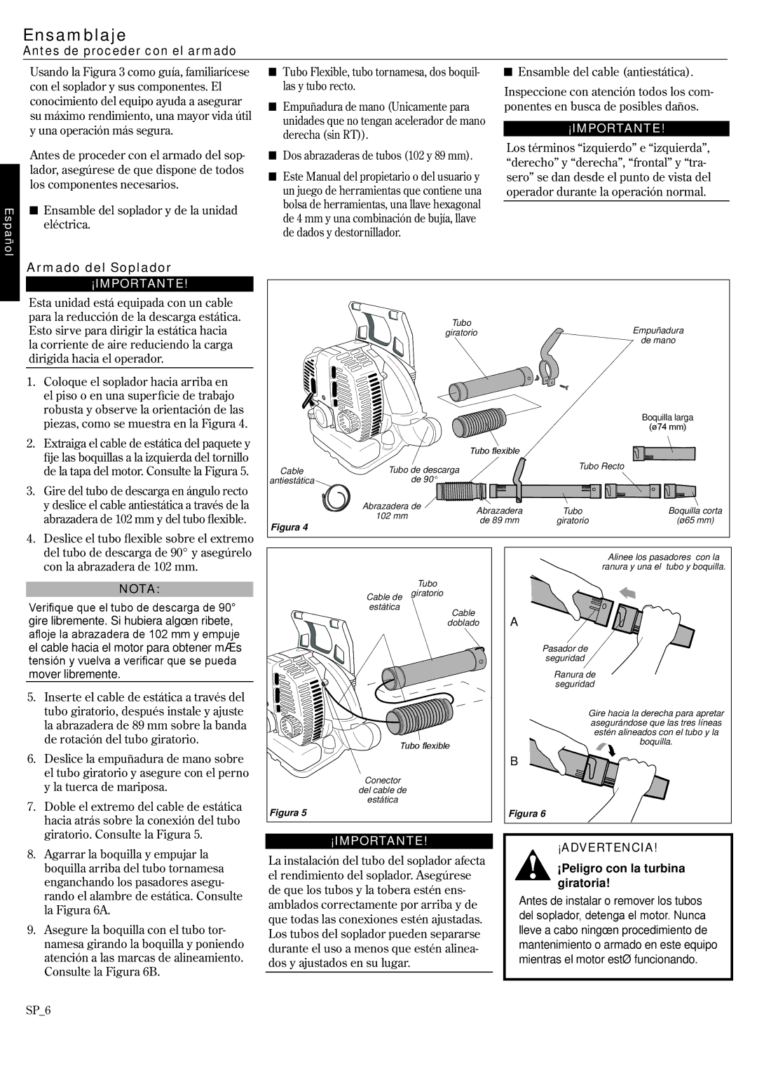 Shindaiwa 68915-94310 Ensamblaje, Antes de proceder con el armado, Armado del Soplador, ¡Peligro con la turbina giratoria 