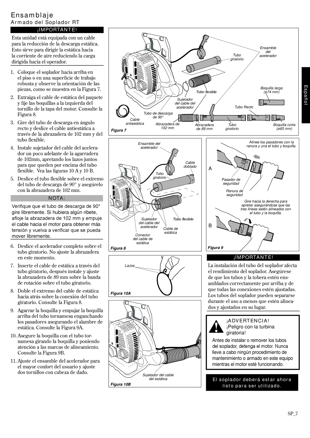 Shindaiwa EB8520RT EVC, 68915-94310 manual Armado del Soplador RT, ¡ADVERTENCIA! ¡Peligro con la turbina giratoria 