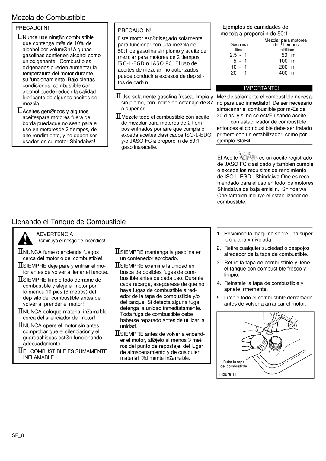 Shindaiwa EB8520RT EVC manual Mezcla de Combustible, Llenando el Tanque de Combustible, Precaución, Advertencia, Inflamable 