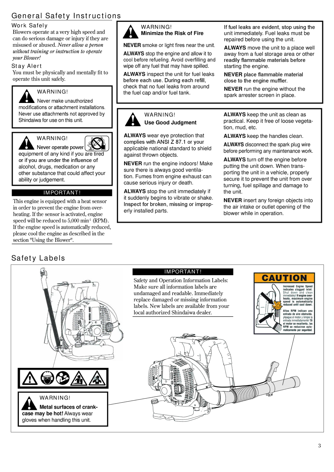 Shindaiwa EB8520RT EVC, 68915-94310 manual General Safety Instructions, Safety Labels 