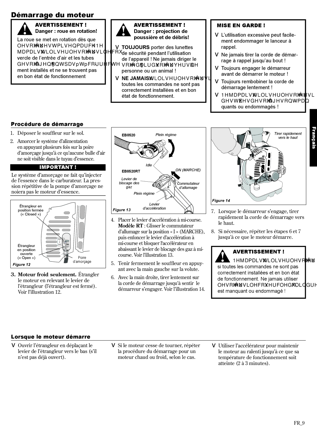 Shindaiwa EB8520RT EVC, 68915-94310 manual Démarrage du moteur, AVERTISSEMENT ! Danger projection de poussière et de débris 