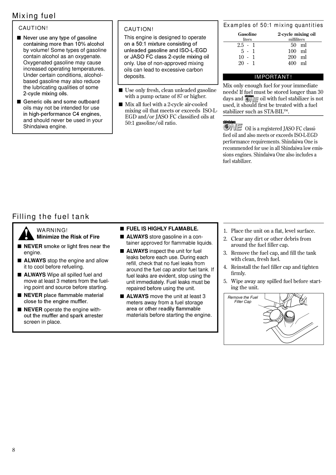 Shindaiwa 68915-94310 manual Mixing fuel, Filling the fuel tank, Examples of 501 mixing quantities, Fuel is Highly Flamable 