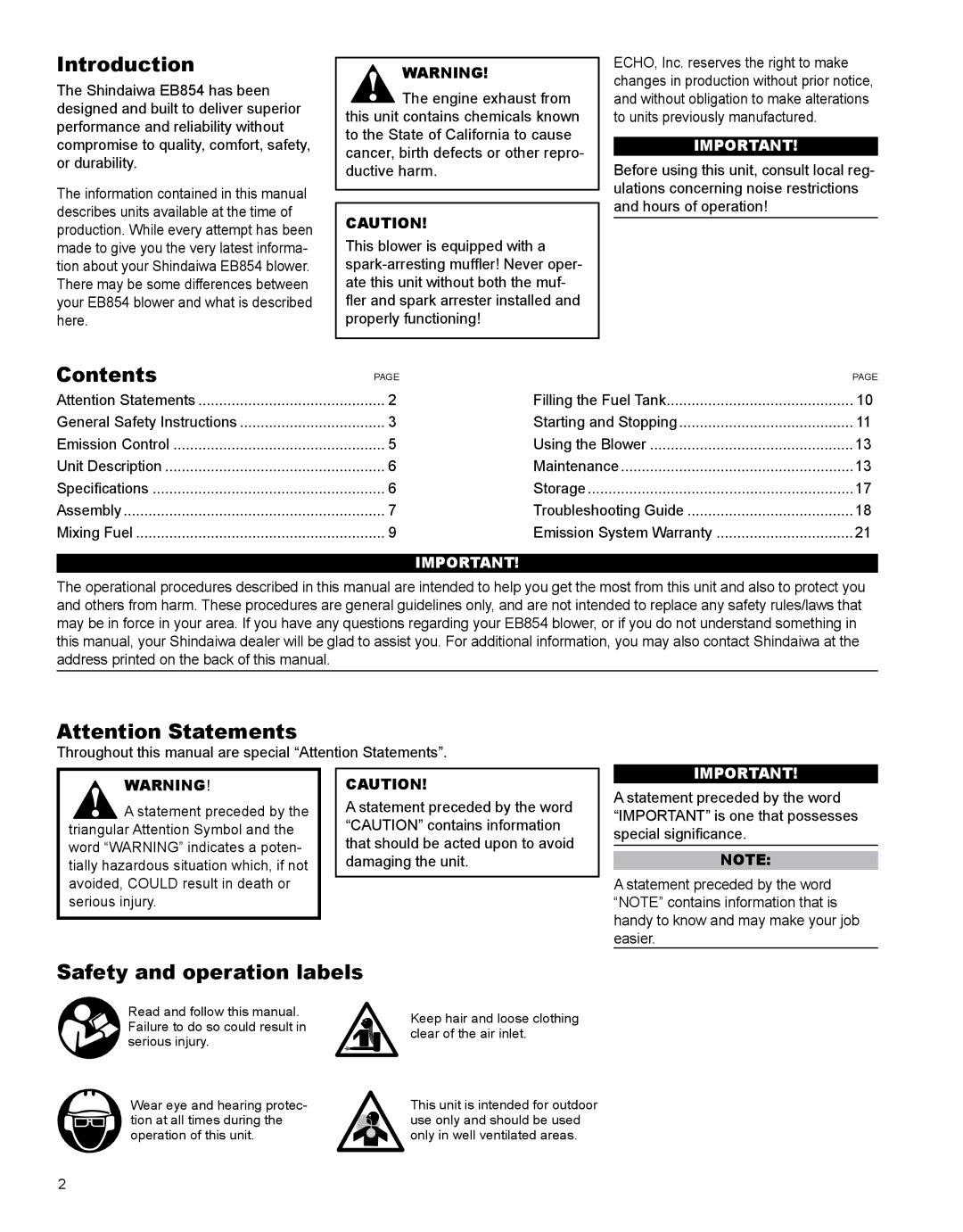 Shindaiwa EB854RT, X7501970601 manual Introduction, Contents, Safety and operation labels 