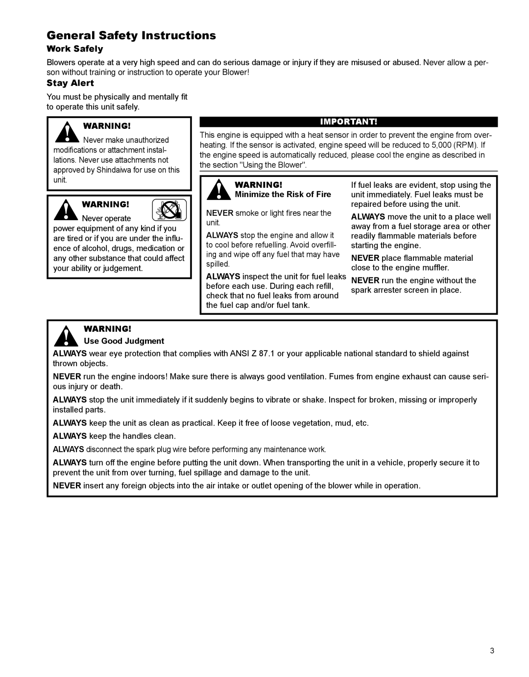 Shindaiwa EB854 manual General Safety Instructions, Work Safely, Stay Alert, Minimize the Risk of Fire, Use Good Judgment 