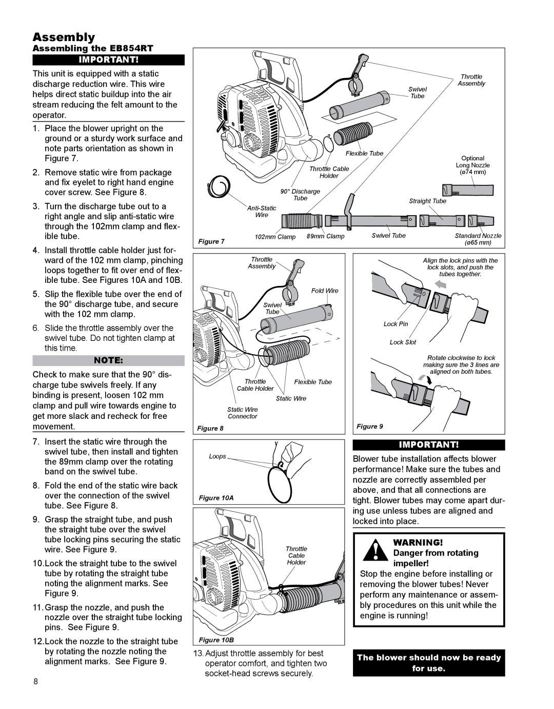 Shindaiwa X7501970601 manual Assembling the EB854RT, Install throttle cable holder just for 