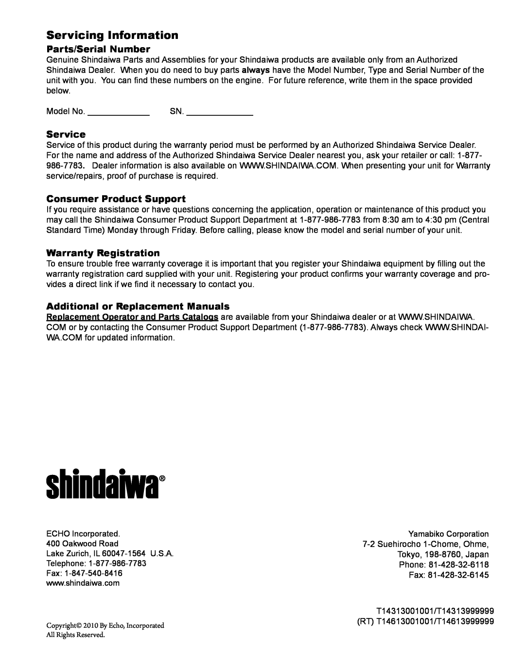 Shindaiwa X7501970601 Servicing Information, Parts/Serial Number, Service, Consumer Product Support, Warranty Registration 