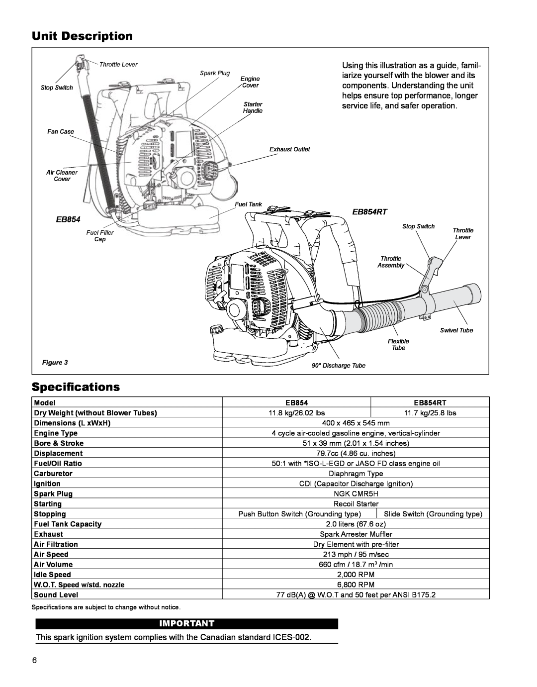 Shindaiwa X7501970601 manual Unit Description, Specifications, EB854RT 