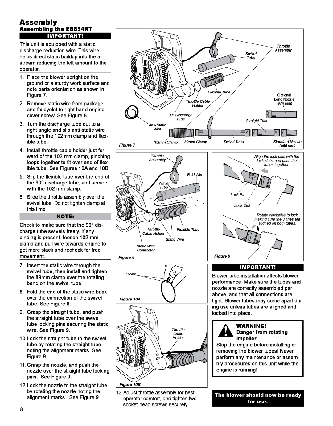 Shindaiwa X7501970601 manual Assembling the EB854RT, Danger from rotating impeller, Assembly 
