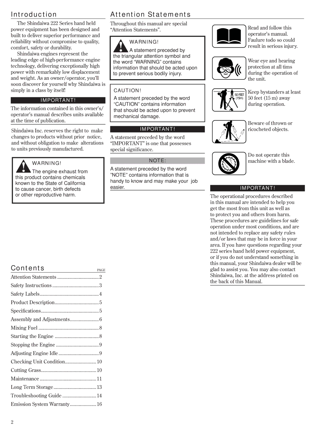 Shindaiwa 81372, F222, T222 manual Introduction, Contents 