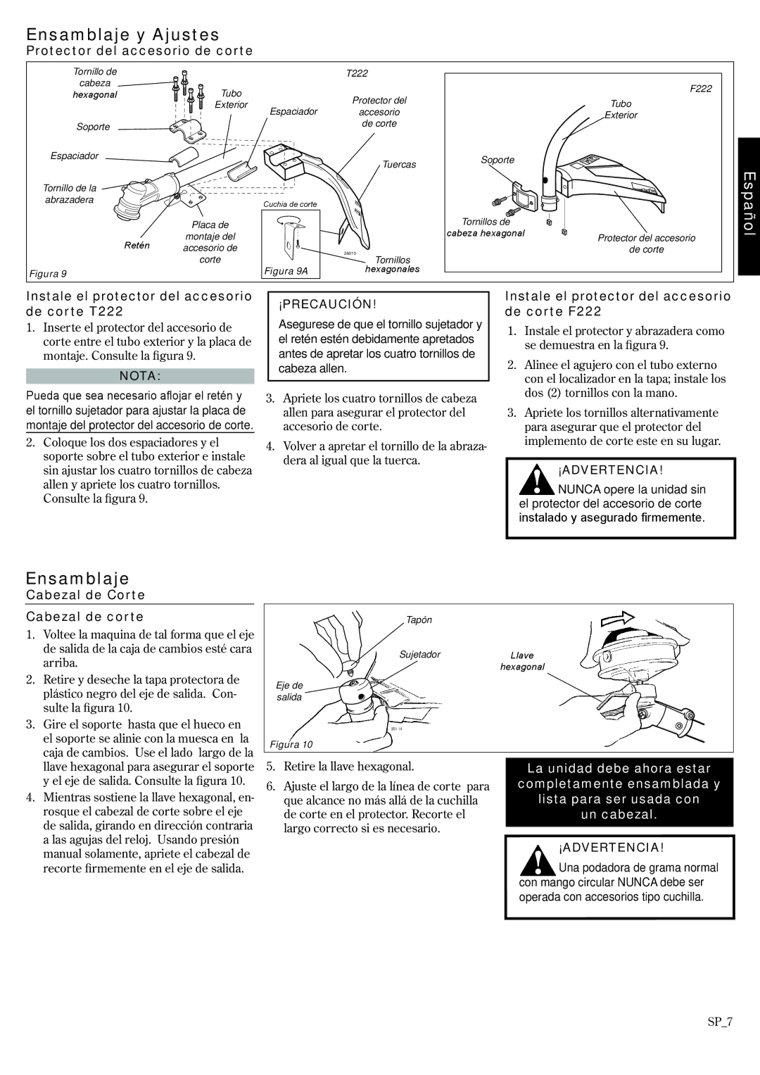 Shindaiwa 81372, F222, T222 manual Ensamblaje, ¡Precaución 