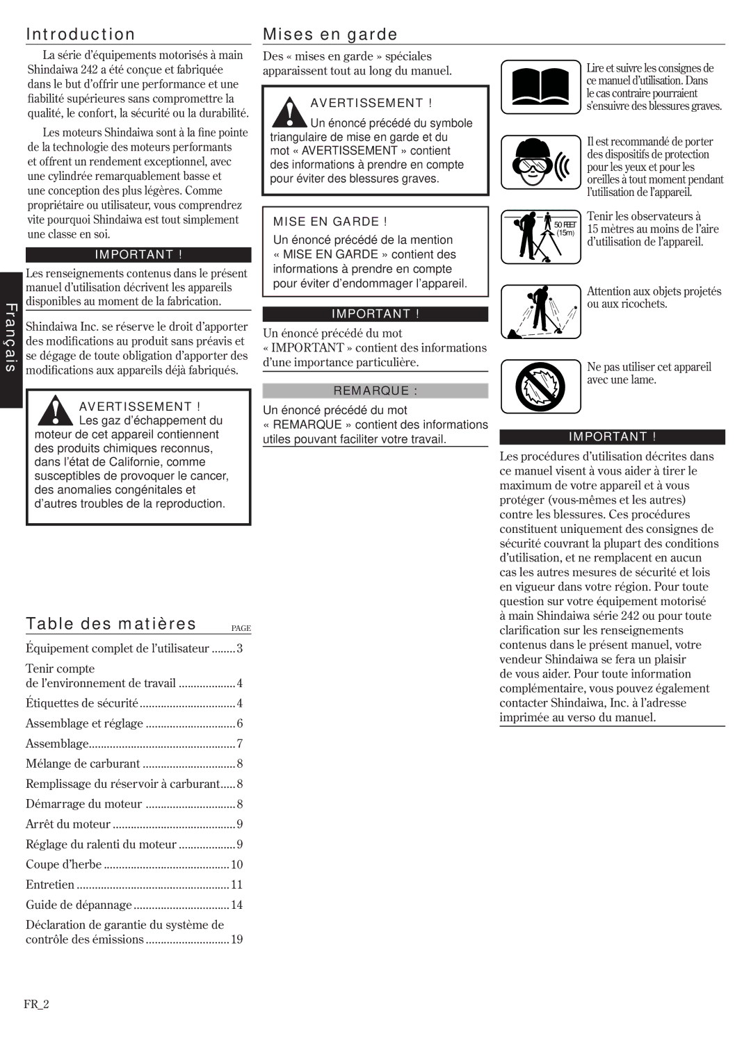Shindaiwa T222 Introduction Mises en garde, Table des matières, Avertissement ! Les gaz d’échappement du, Mise EN Garde 