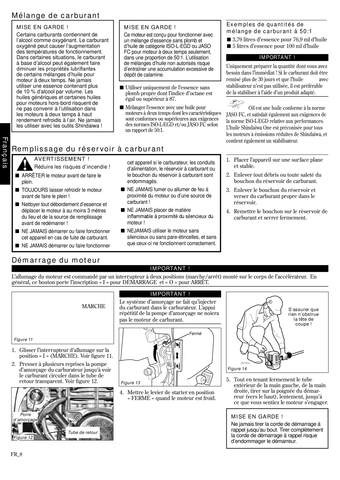 Shindaiwa T222, F222, 81372 manual Mélange de carburant, Remplissage du réservoir à carburant, Démarrage du moteur 