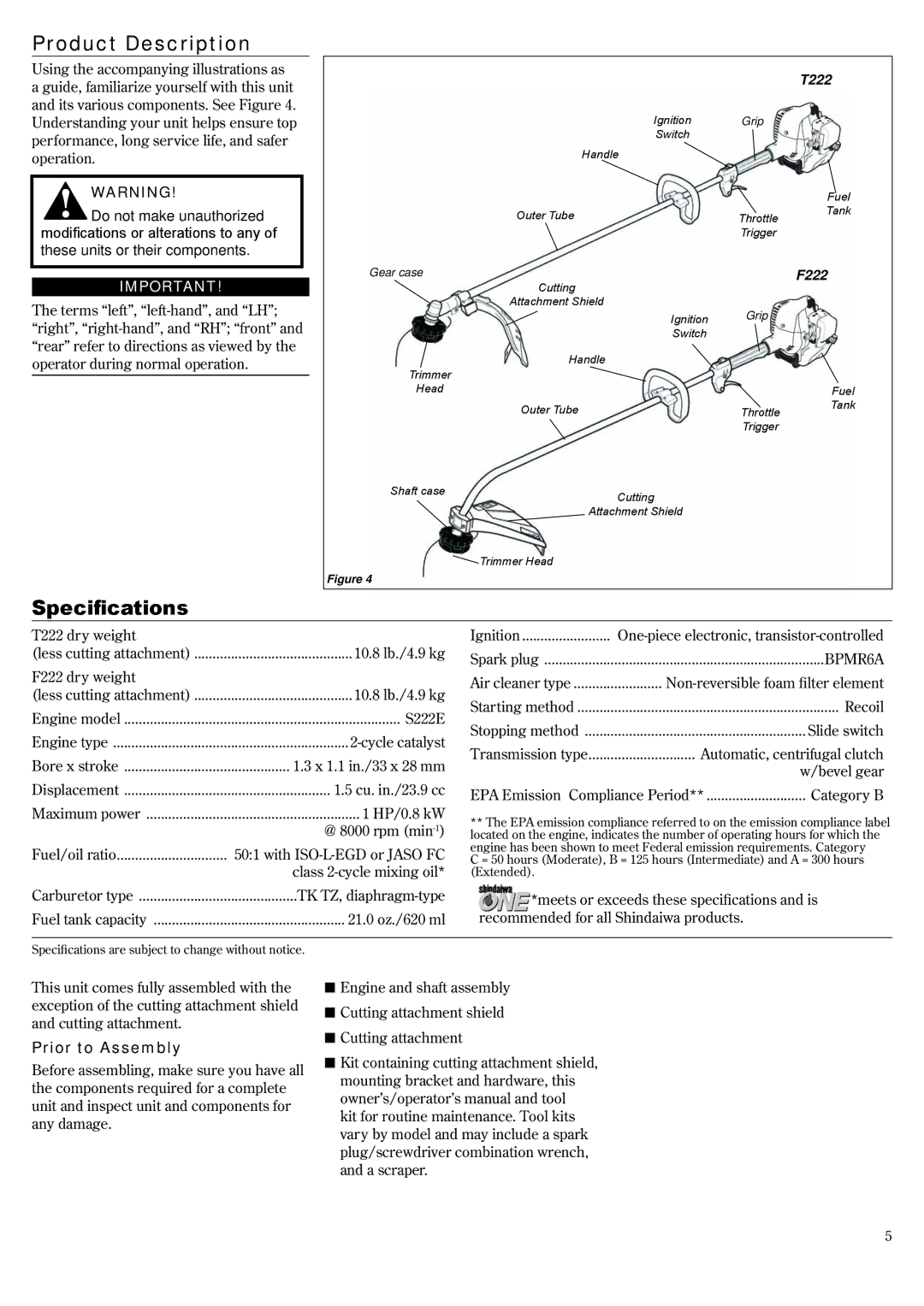 Shindaiwa 81372, F222, T222 manual Product Description, Specifications, Prior to Assembly 