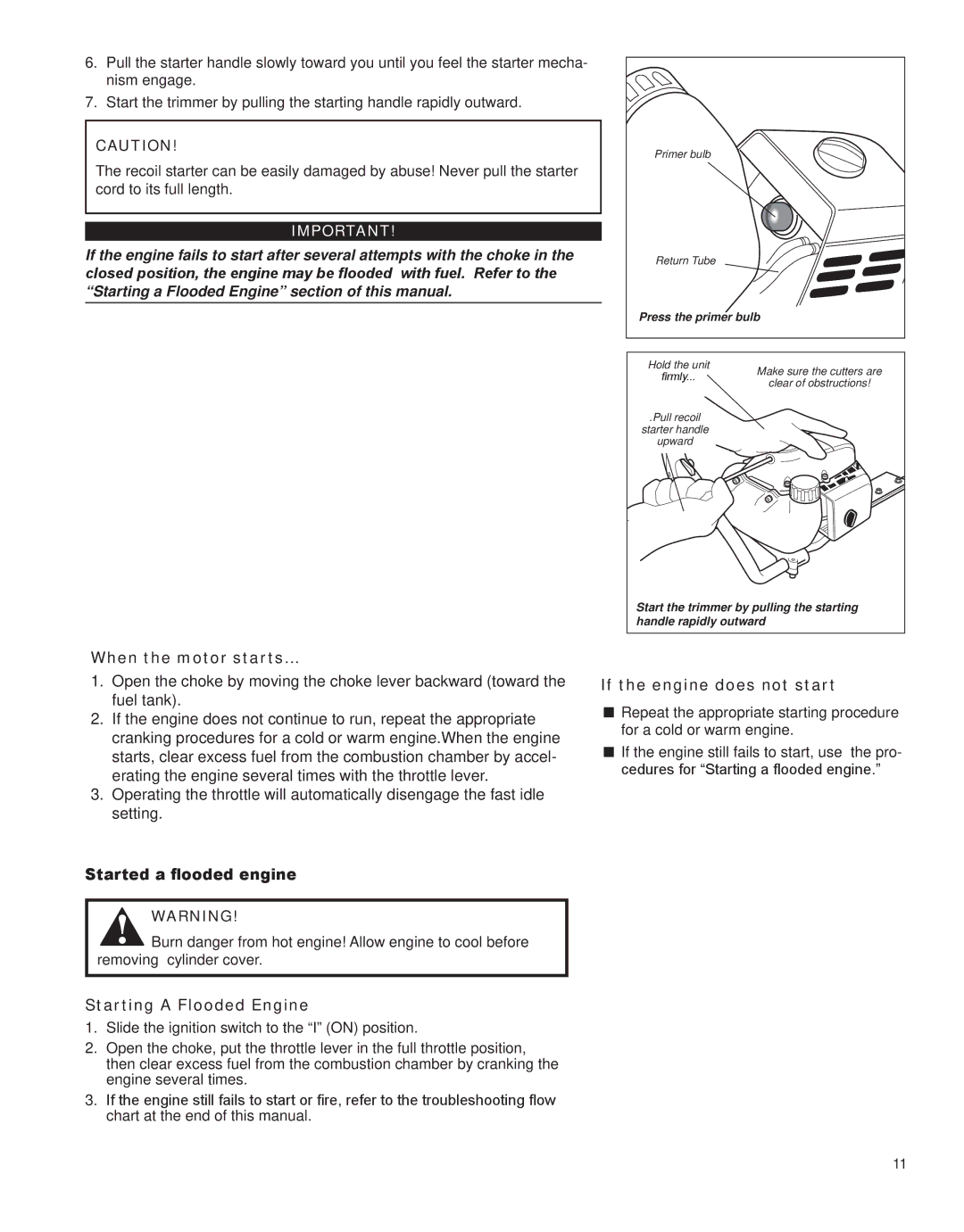 Shindaiwa X7502862800, HT231 manual When the motor starts, Started a flooded engine, Starting a Flooded Engine 