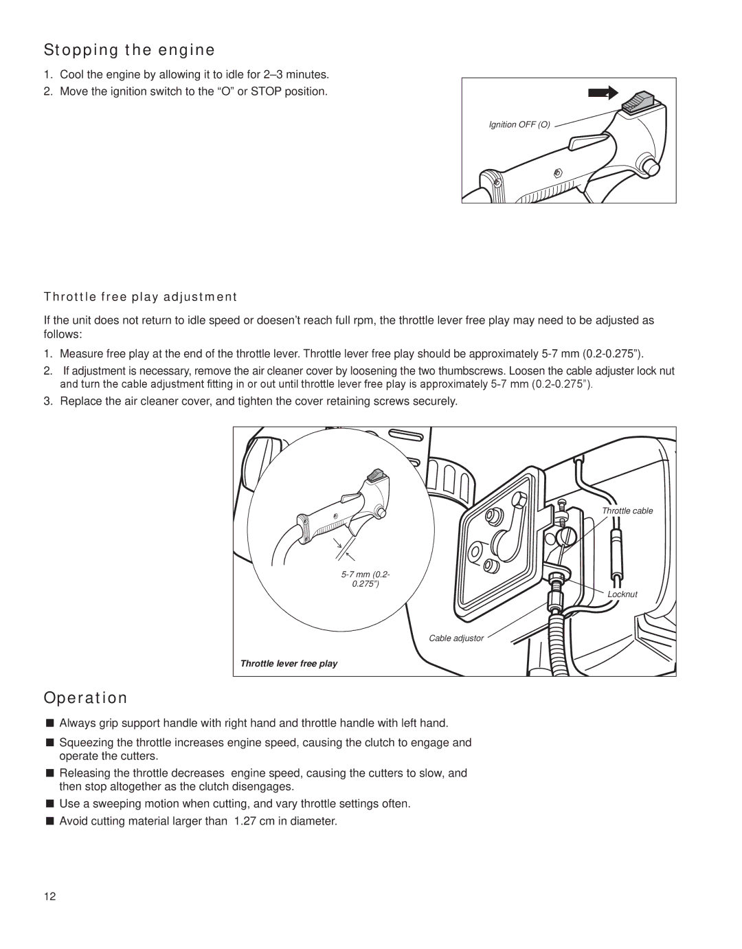 Shindaiwa HT231, X7502862800 manual Stopping the engine, Operation, Throttle free play adjustment 