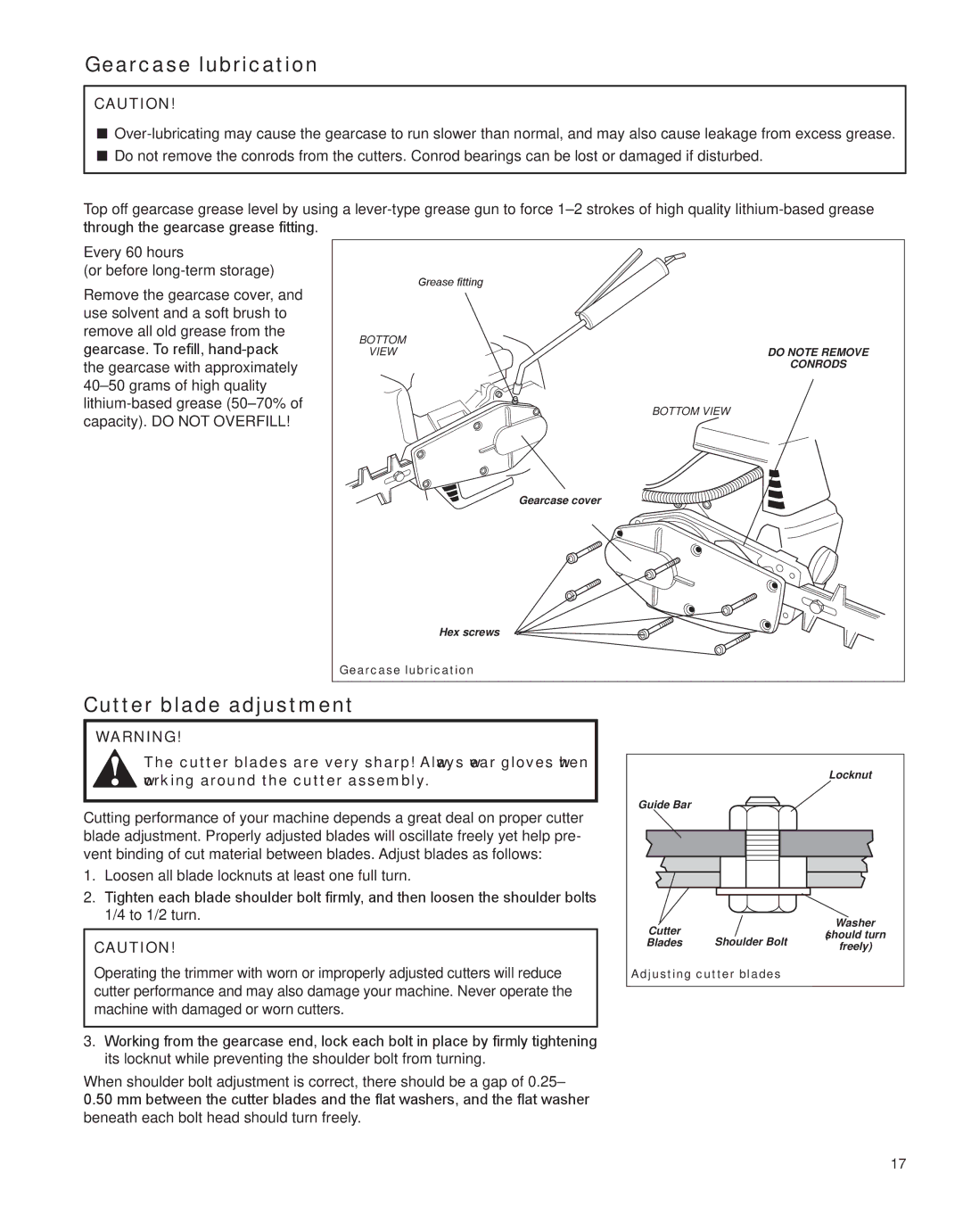 Shindaiwa X7502862800, HT231 manual Gearcase lubrication, Cutter blade adjustment 
