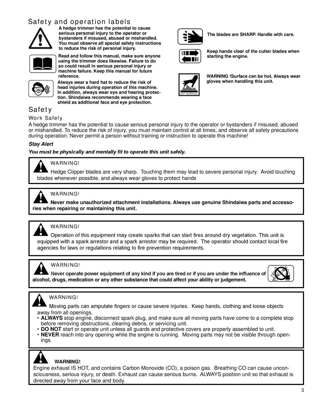 Shindaiwa X7502862800, HT231 manual Safety and operation labels, Work Safely 