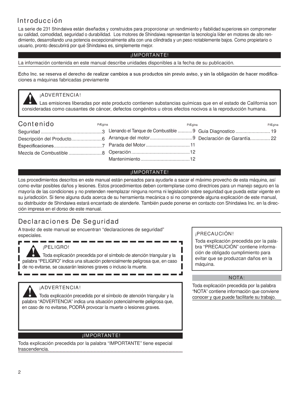 Shindaiwa HT231, X7502862800 manual Introducción, Contenido, Declaraciones De Seguridad 