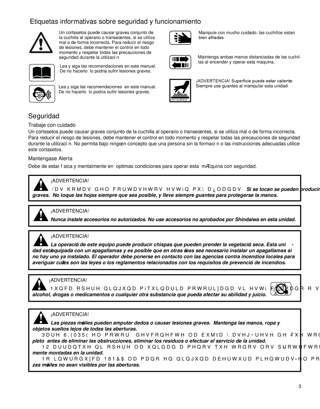 Shindaiwa X7502862800, HT231 manual Etiquetas informativas sobre seguridad y funcionamiento, Seguridad, Trabaje con cuidado 