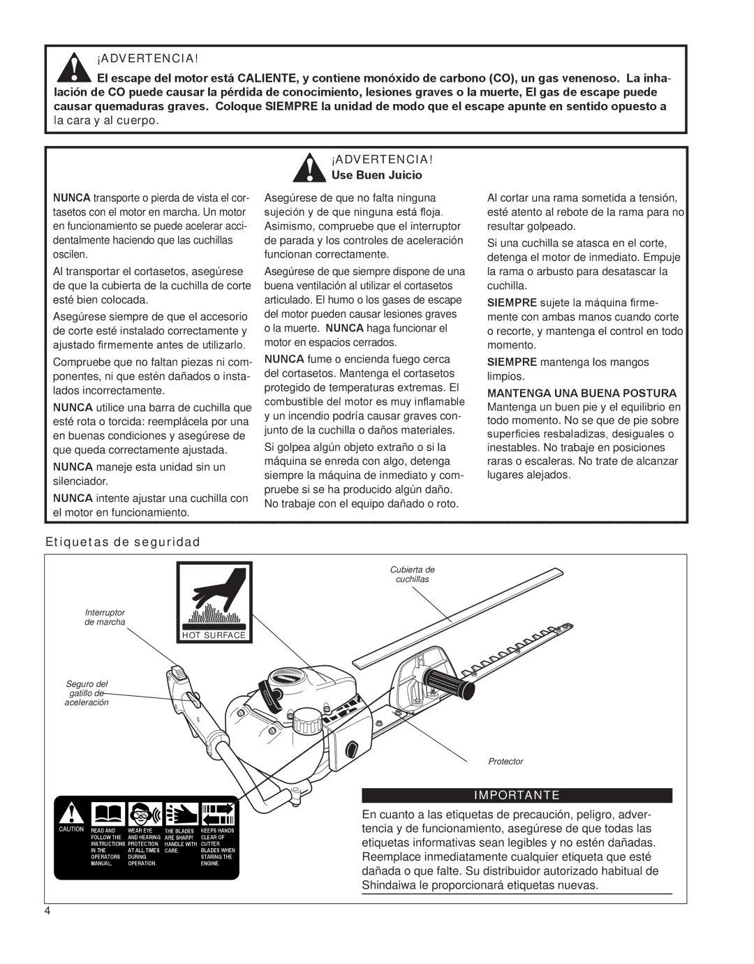 Shindaiwa HT231, X7502862800 manual Use Buen Juicio, Etiquetas de seguridad 