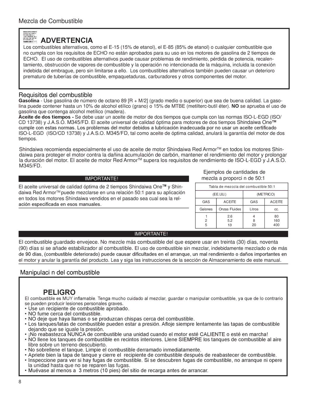 Shindaiwa HT231, X7502862800 manual Mezcla de Combustible, Ejemplos de cantidades de mezcla a proporción de 