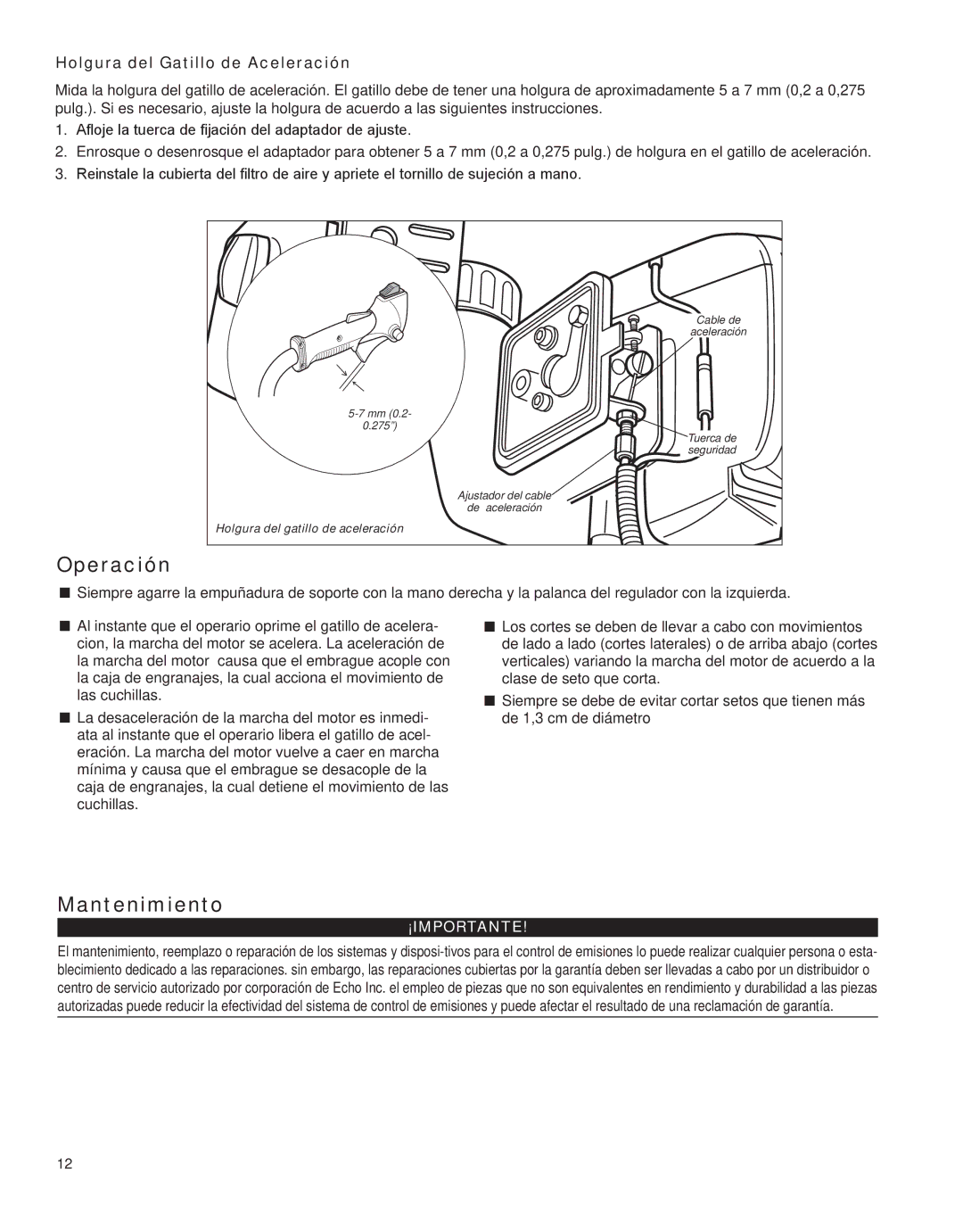 Shindaiwa HT231, X7502862800 manual Operación, Mantenimiento, Holgura del Gatillo de Aceleración 