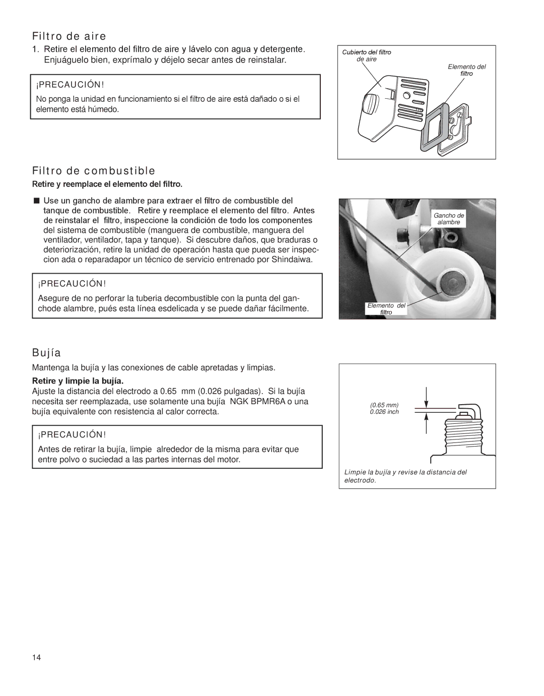 Shindaiwa HT231, X7502862800 manual Filtro de aire, Filtro de combustible, Bujía, Retire y reemplace el elemento del filtro 