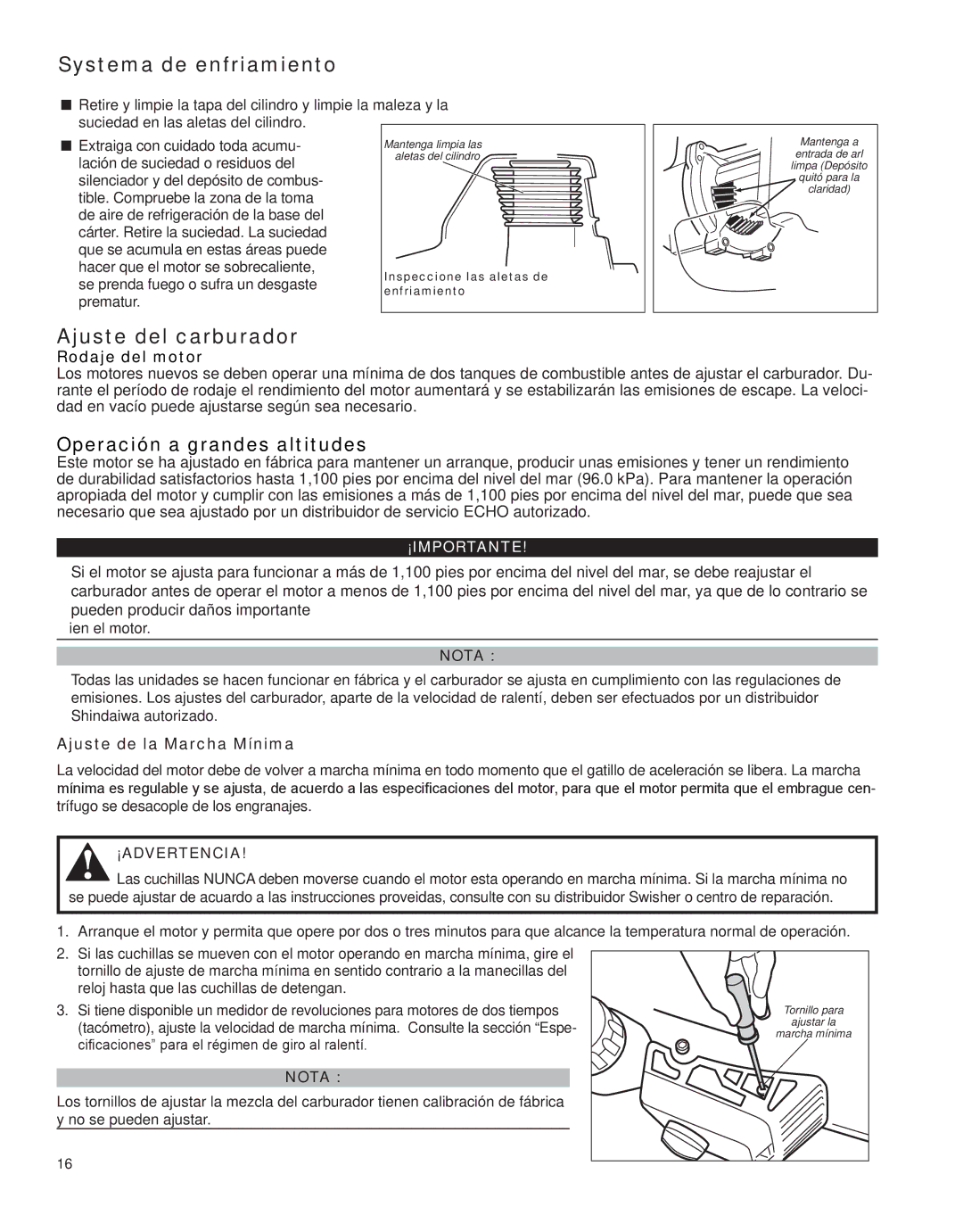 Shindaiwa HT231, X7502862800 manual Systema de enfriamiento, Ajuste del carburador, Ajuste de la Marcha Mínima 