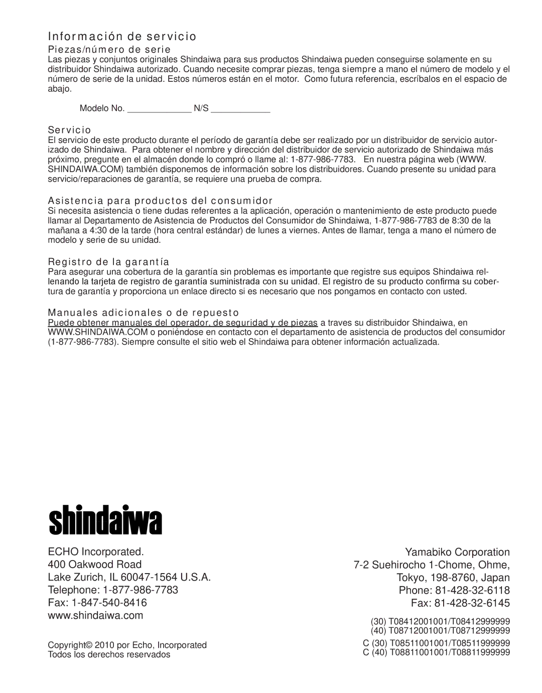 Shindaiwa HT231, X7502862800 manual Información de servicio, Piezas/número de serie 