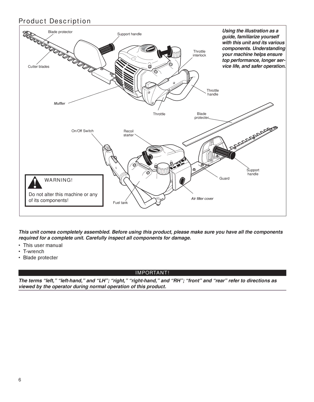 Shindaiwa HT231, X7502862800 manual Product Description, Do not alter this machine or any of its components 