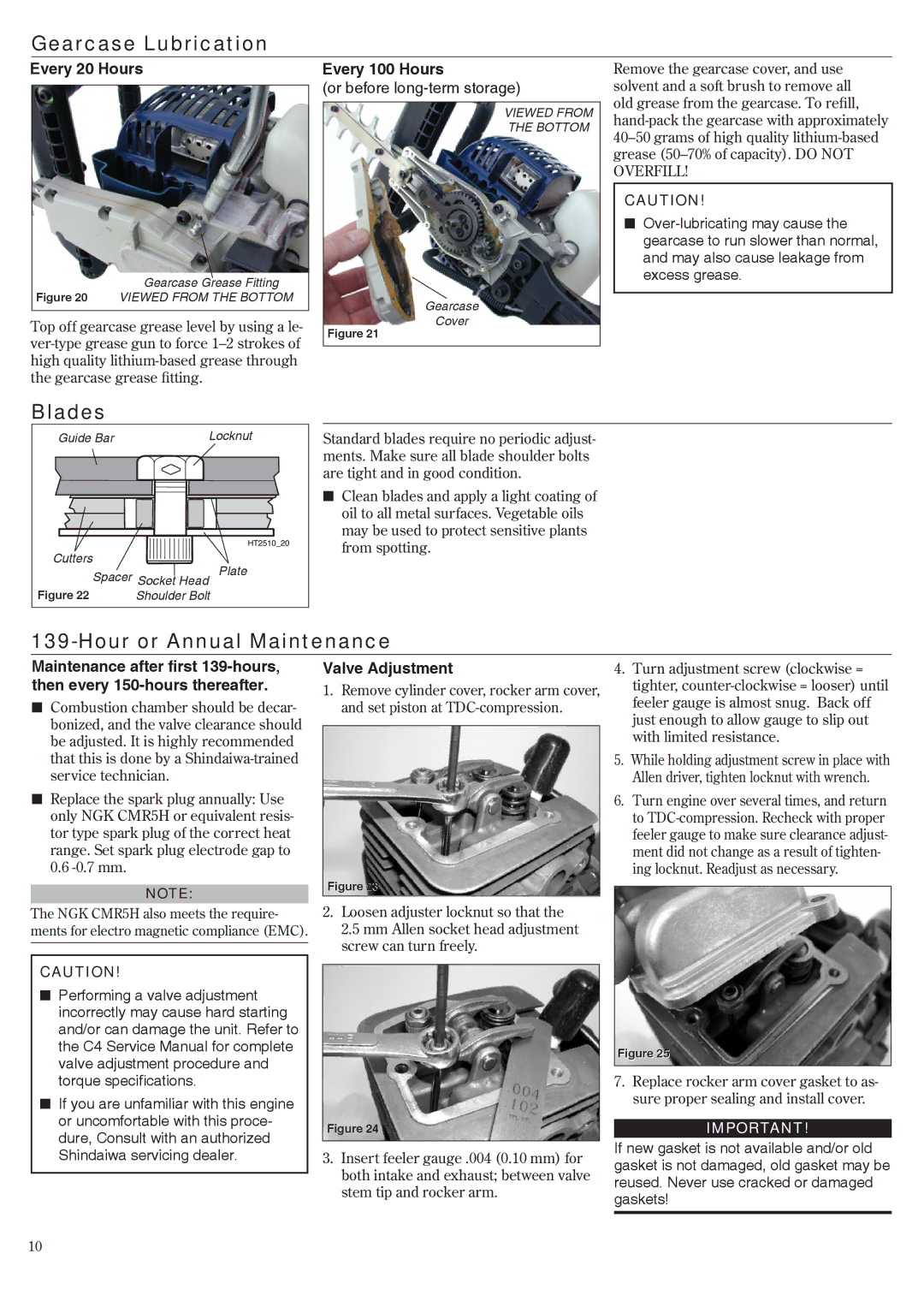 Shindaiwa EVC 81715 Gearcase Lubrication, Hour or Annual Maintenance, Every 20 Hours, Every 100 Hours, Valve Adjustment 