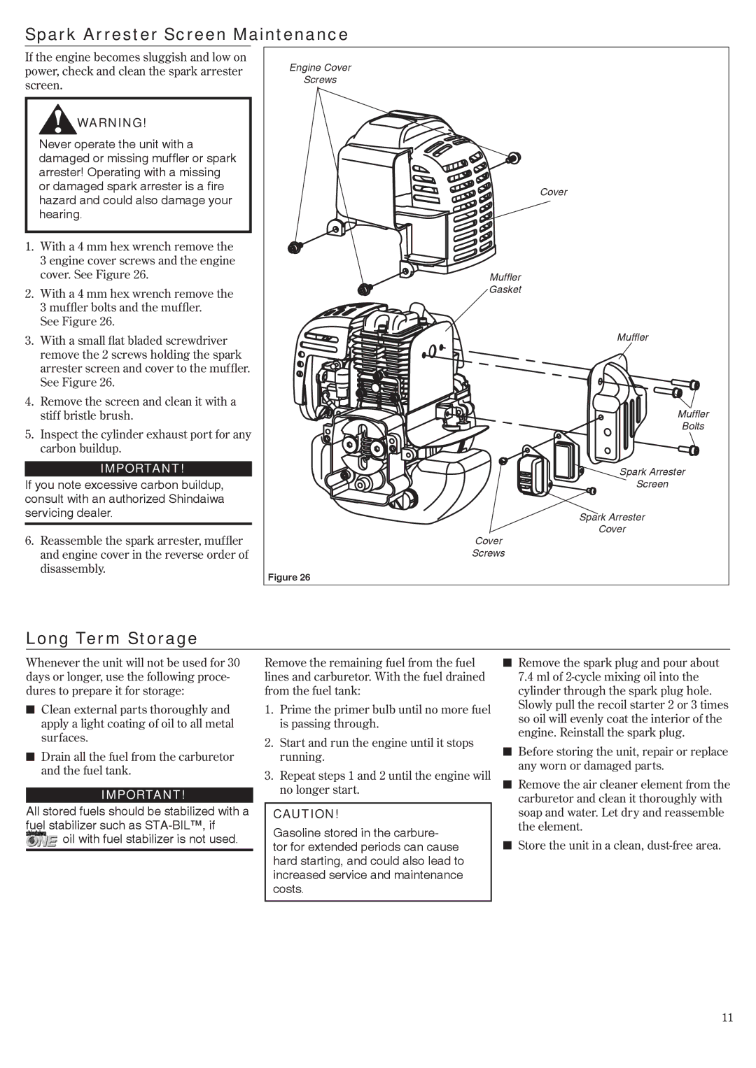 Shindaiwa DH2510/EVC, HT2510/EVC, EVC 81715 manual Spark Arrester Screen Maintenance, Long Term Storage 