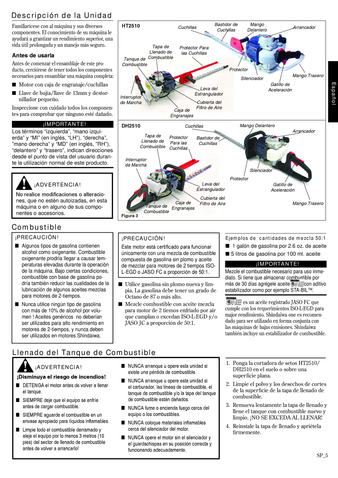 Shindaiwa HT2510/EVC, EVC 81715 manual Descripción de la Unidad, Llenado del Tanque de Combustible, Antes de usarla 