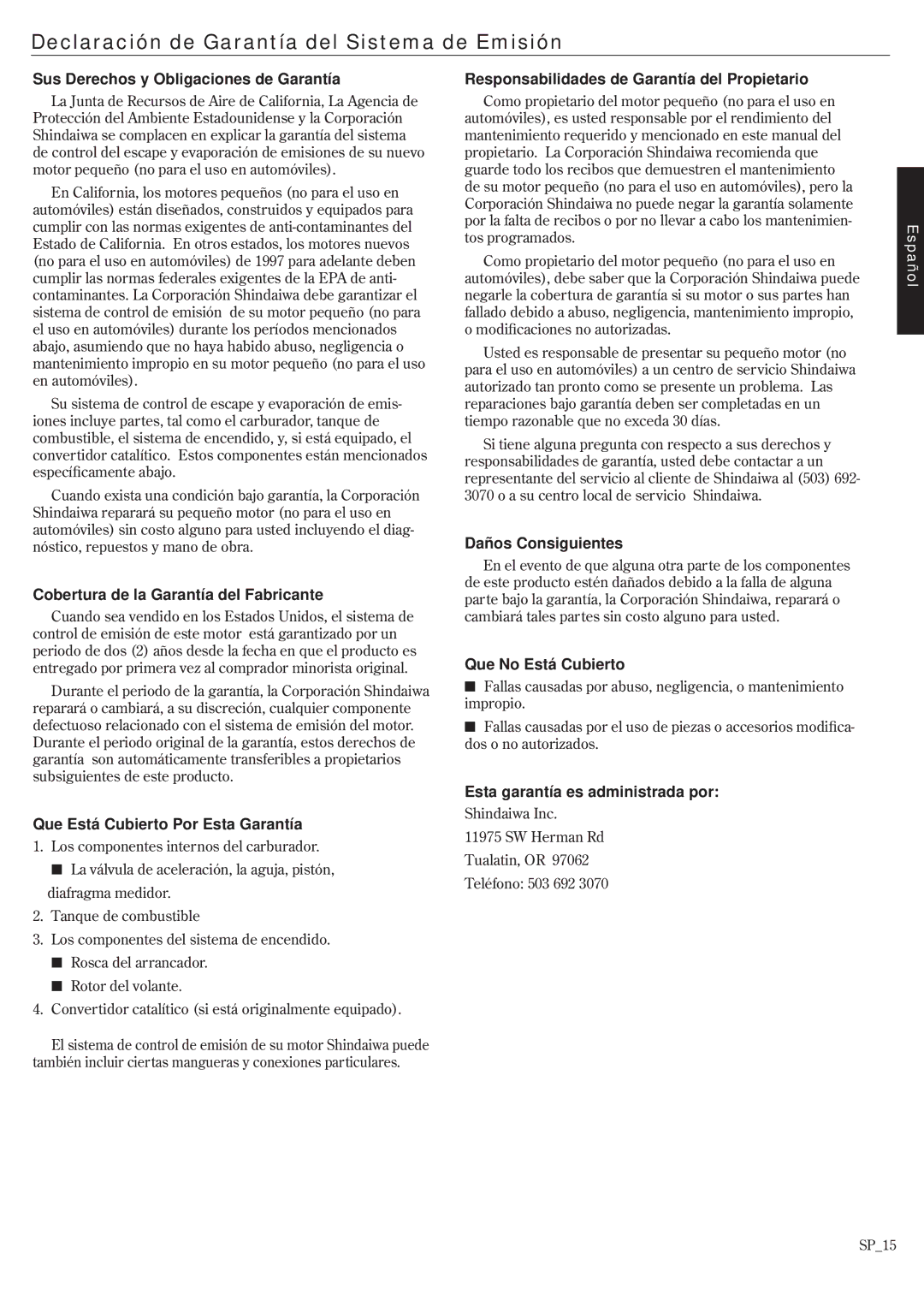 Shindaiwa DH2510/EVC, HT2510/EVC, EVC 81715 manual Declaración de Garantía del Sistema de Emisión 