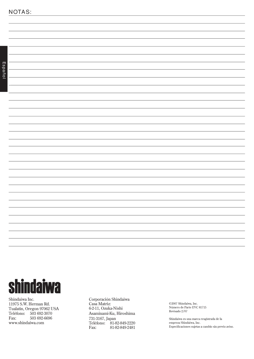 Shindaiwa HT2510/EVC, EVC 81715, DH2510/EVC manual Notas 