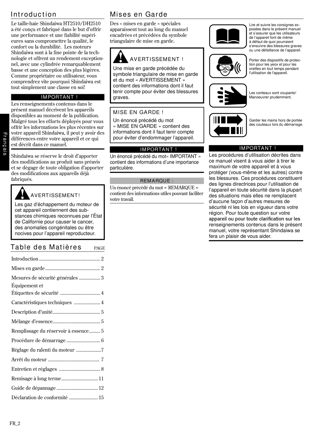 Shindaiwa EVC 81715, HT2510/EVC, DH2510/EVC manual Introduction Mises en Garde, Table des Matières, Mise EN Garde 