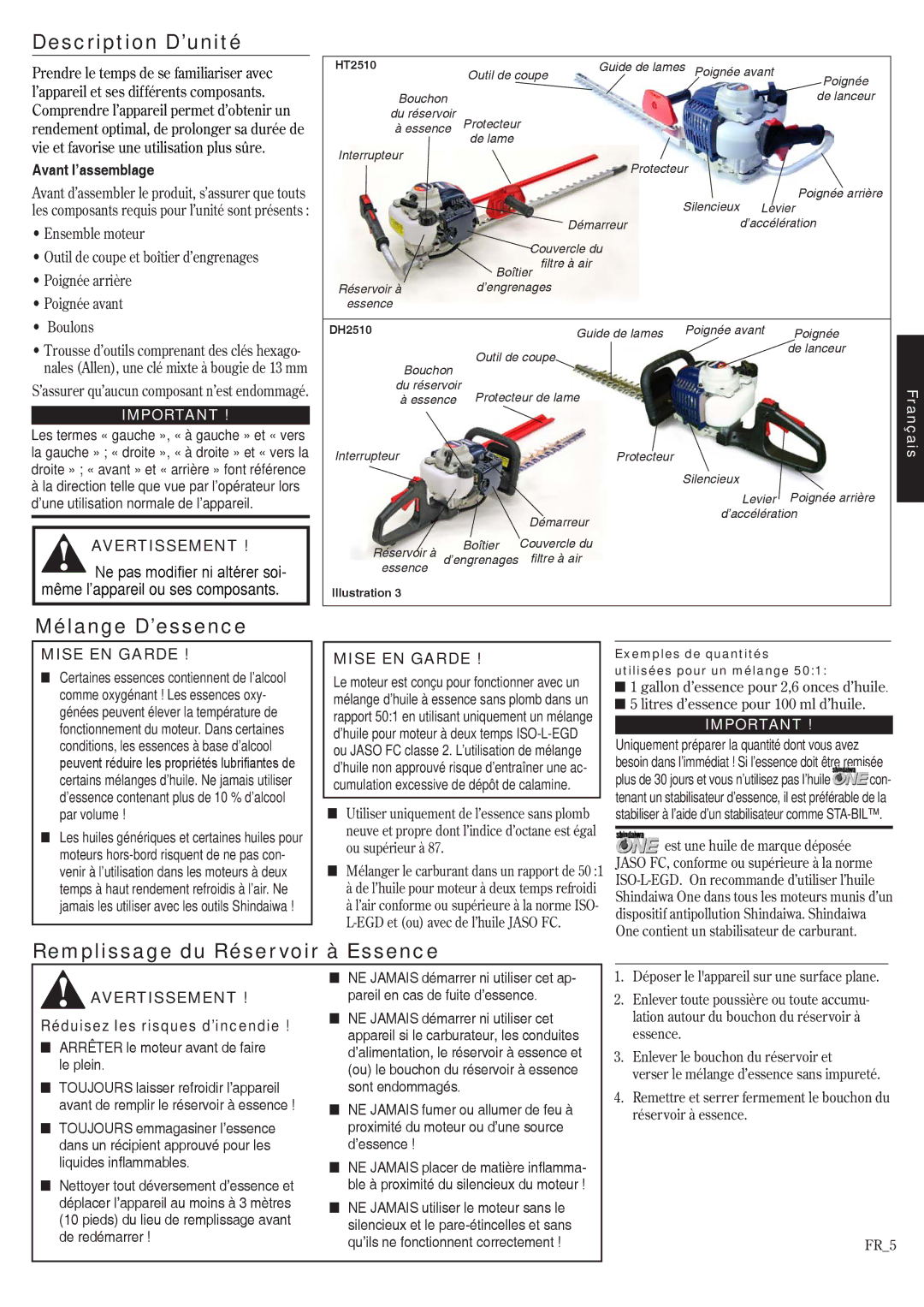 Shindaiwa HT2510, EVC 81715 Description D’unité, Mélange D’essence, Remplissage du Réservoir à Essence, Avant l’assemblage 