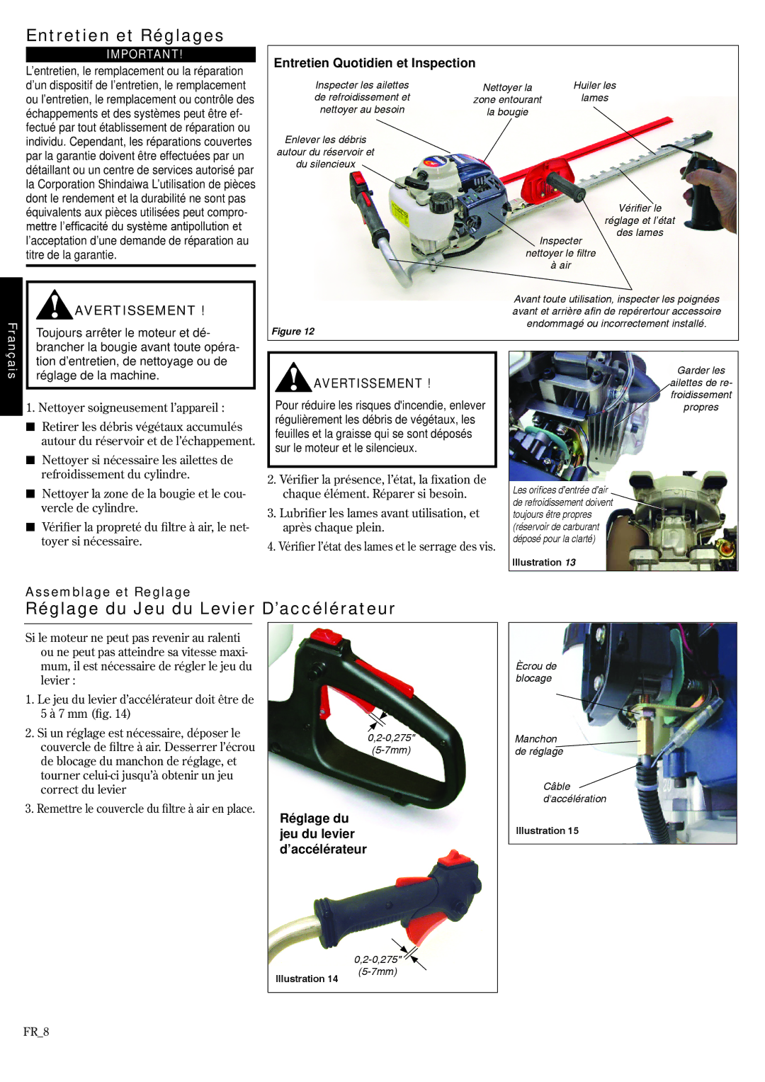 Shindaiwa HT2510/EVC Entretien et Réglages, Réglage du Jeu du Levier D’accélérateur, Entretien Quotidien et Inspection 