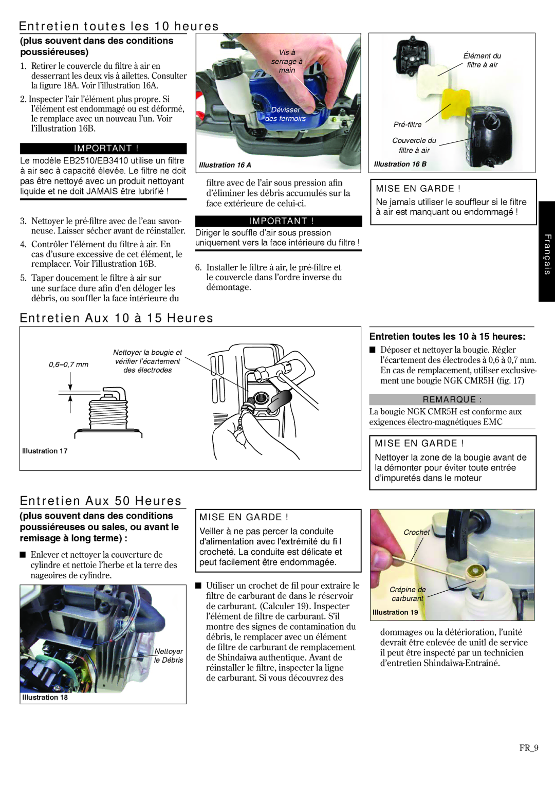 Shindaiwa HT2510/EVC, EVC 81715 Entretien toutes les 10 heures, Entretien Aux 10 à 15 Heures, Entretien Aux 50 Heures 