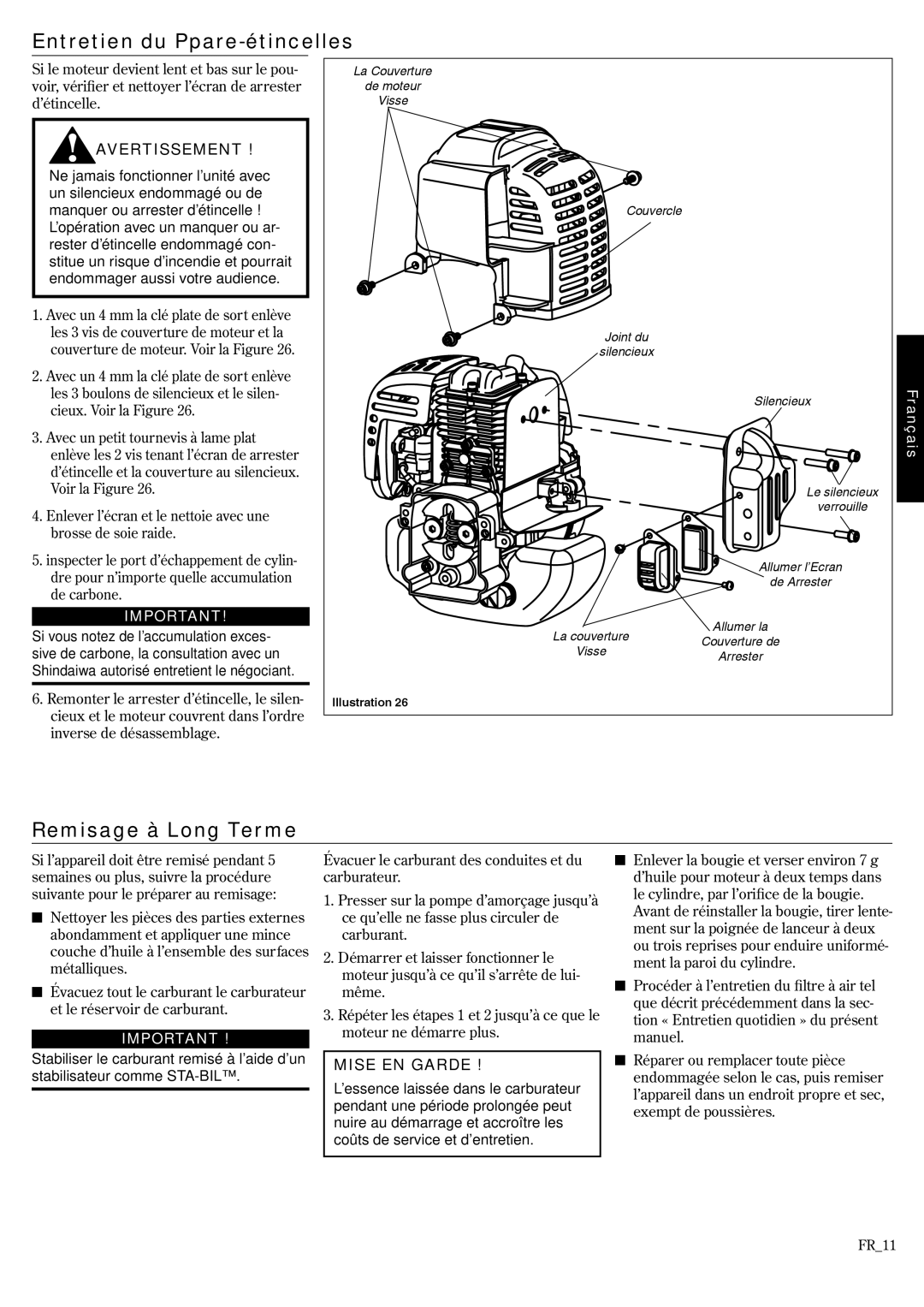 Shindaiwa DH2510/EVC, HT2510/EVC, EVC 81715 manual Entretien du Ppare-étincelles, Remisage à Long Terme 