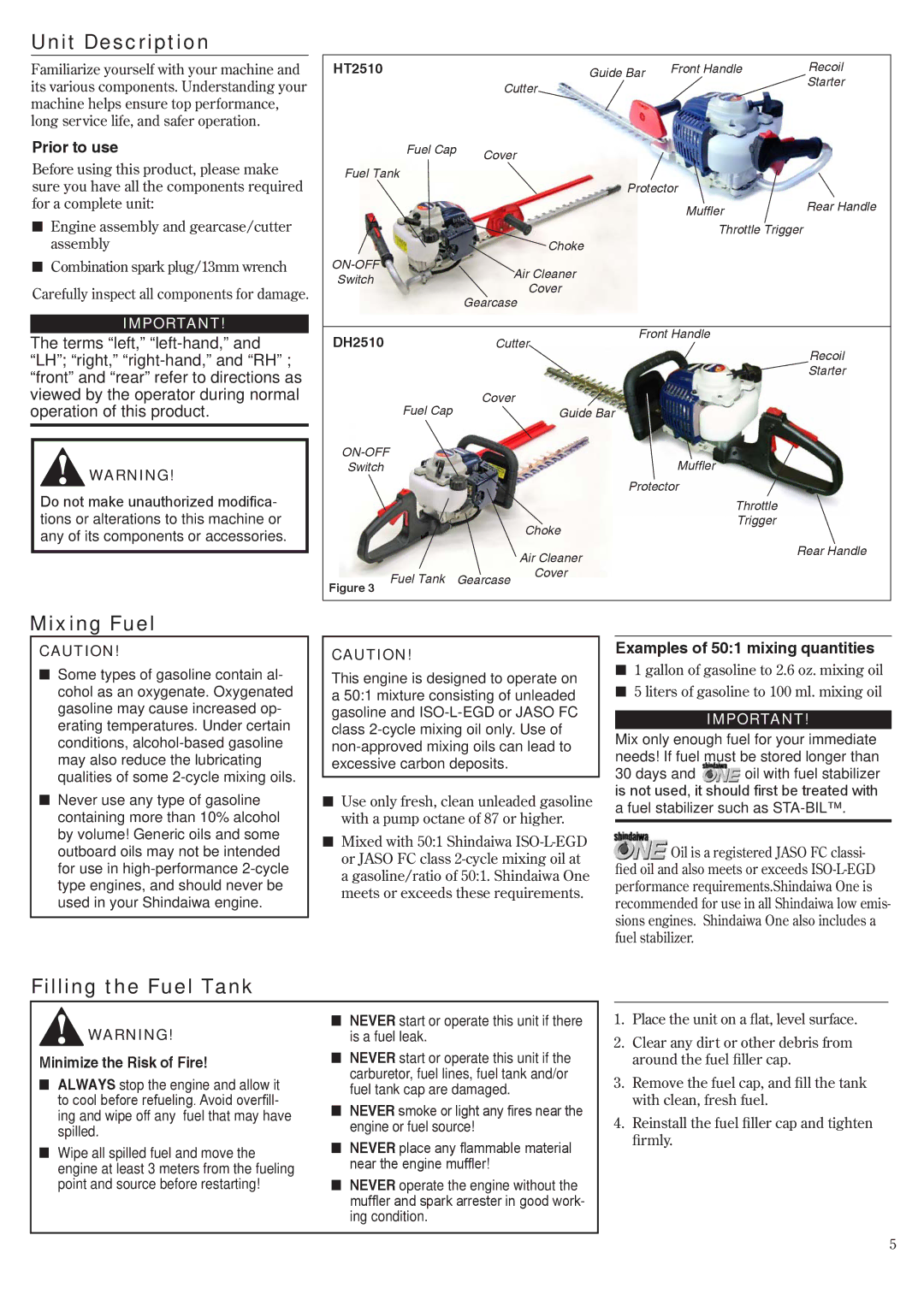 Shindaiwa HT2510 Unit Description, Mixing Fuel, Filling the Fuel Tank, Prior to use, Examples of 501 mixing quantities 