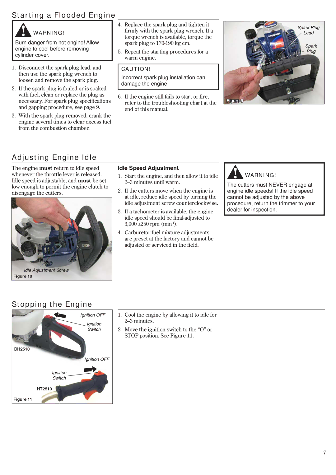 Shindaiwa DH2510/EVC, HT2510 Starting a Flooded Engine, Adjusting Engine Idle, Stopping the Engine, Idle Speed Adjustment 